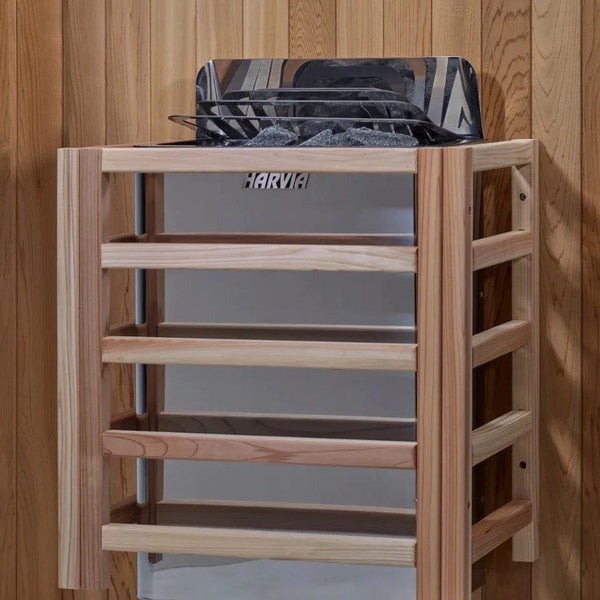 Close Up View Of The Harvia Heater Inside The Golden Designs Carinthia 3-Person Hybrid Outdoor Sauna | GDI-8123-01