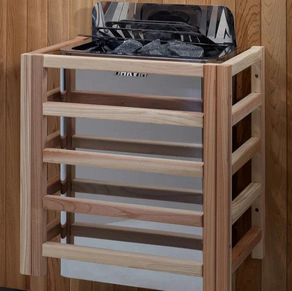 Close Up View Of The Harvia Heater Inside The Golden Designs Drammen 3-Person Outdoor Sauna | GDI-8203-01