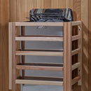 Close Up View Of The Harvia Heater Inside The Golden Designs Kaskinen 6-Person Hybrid Outdoor Sauna | GDI-8526-01