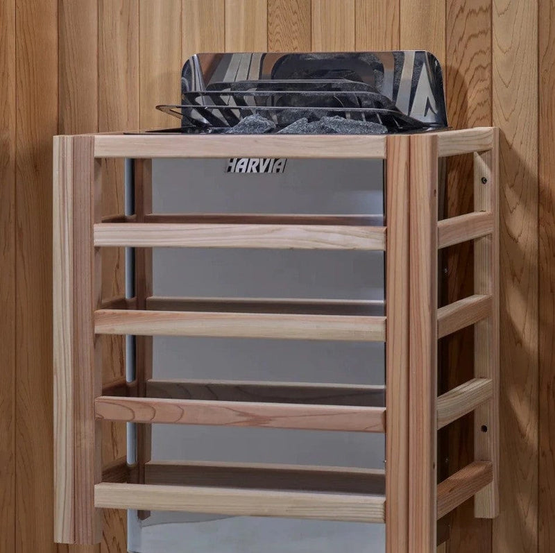 Close Up View Of The Harvia Heater Inside The Golden Designs Kaskinen 6-Person Hybrid Outdoor Sauna | GDI-8526-01