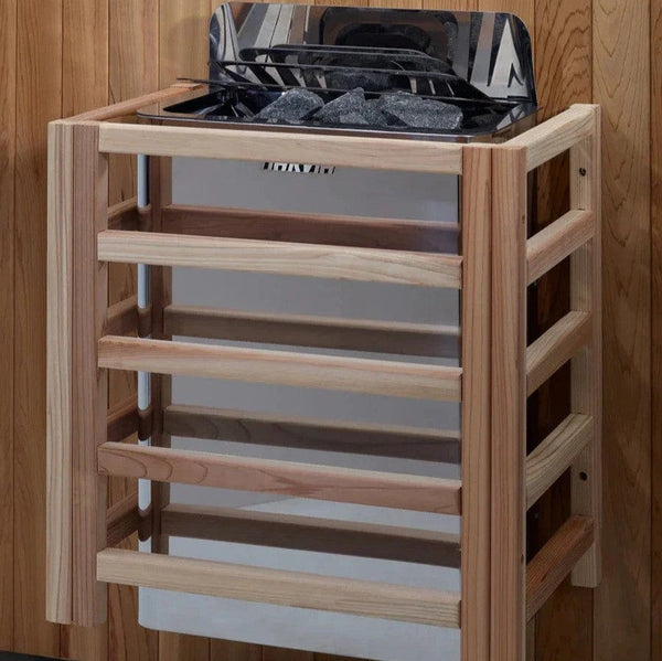 Close Up View Of The Harvia Heater Inside The Golden Designs Narvik 2-Person Outdoor Sauna | GDI-8202-01