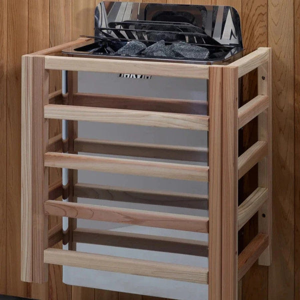 Close Up View Of The Harvia Heater Inside The Golden Designs Nora 2-Person Hybrid Outdoor Sauna | GDI-8222-01