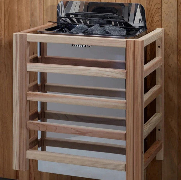 Close Up View Of The Harvia Heater Inside The Golden Designs Savonlinna 3-Person Outdoor Sauna | GDI-8503-01