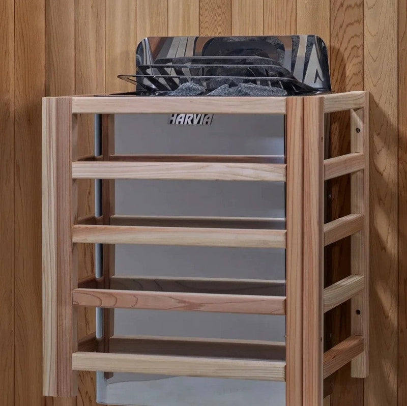 Close Up View Of The Harvia Heater Inside The Golden Designs St. Moritz 2-Person Barrel Sauna | GDI-B002-01