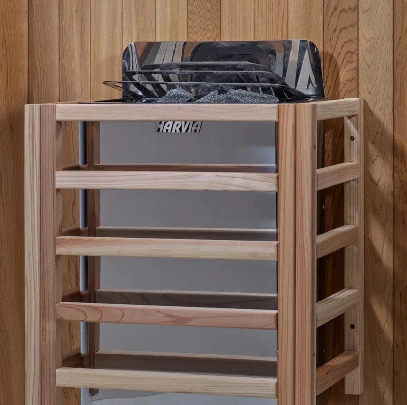 Close Up View Of The Harvia Heater Inside The Golden Designs Vorarlberg 5-Person Outdoor Sauna | GDI-8105-01