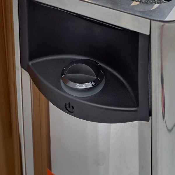 Close Up View Of The Harvia Heater Knob In The Golden Designs Loviisa 3-Person Hybrid Outdoor Sauna | GDI-8523-01