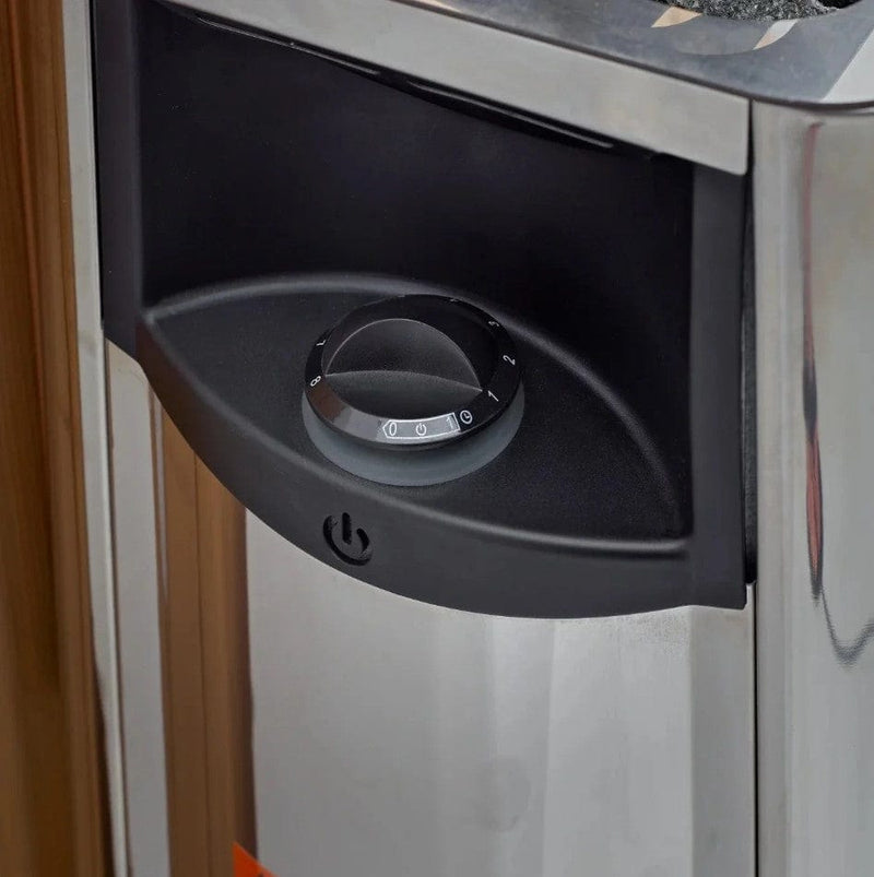 Close Up View Of The Harvia Heater Knob In The Golden Designs Loviisa 3-Person Hybrid Outdoor Sauna | GDI-8523-01