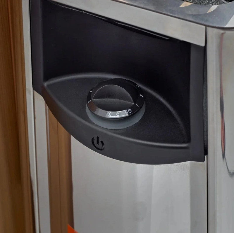 Close Up View Of The Harvia Heater Knob Inside The Golden Designs Klosters 6-Person Barrel Sauna | GDI-B006-01