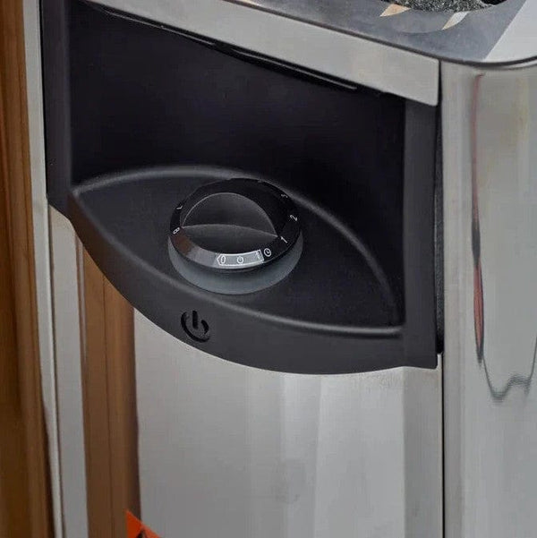 Close Up View Of The Harvia Heater Knob Inside The Golden Designs Nora 2-Person Hybrid Outdoor Sauna | GDI-8222-01