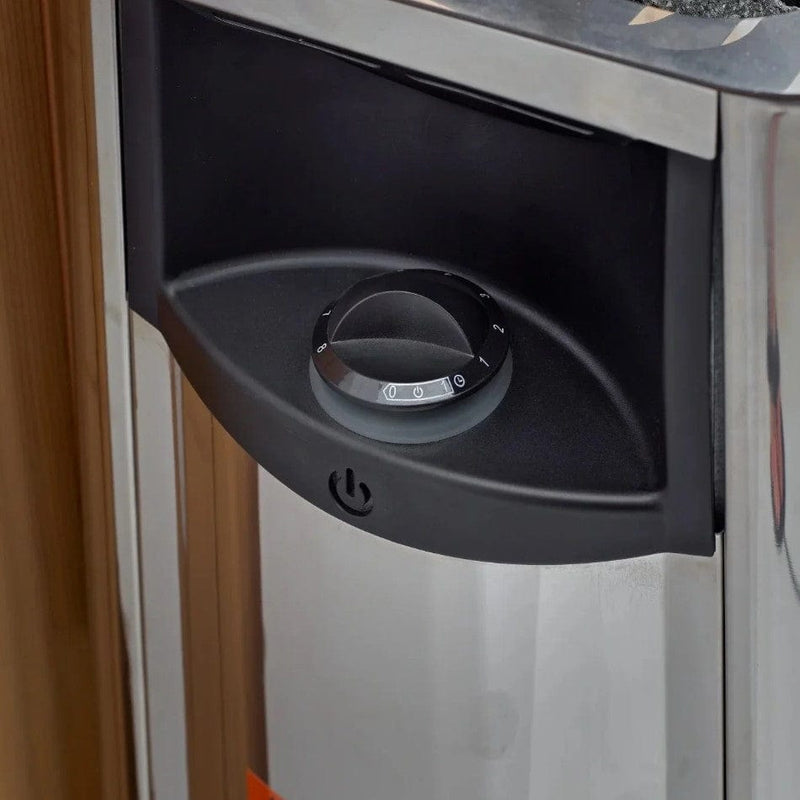 Close Up View Of The Harvia Heater Knob Inside The Golden Designs St. Moritz 2-Person Barrel Sauna | GDI-B002-01