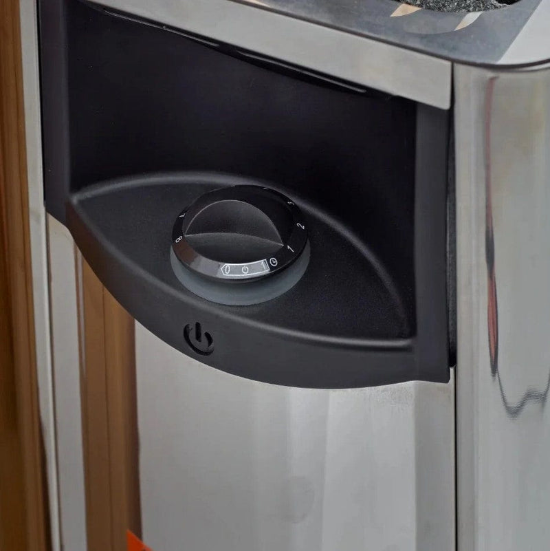 Close Up View Of The Harvia Heater Knob Inside The Golden Designs Vorarlberg 5-Person Outdoor Sauna | GDI-8105-01
