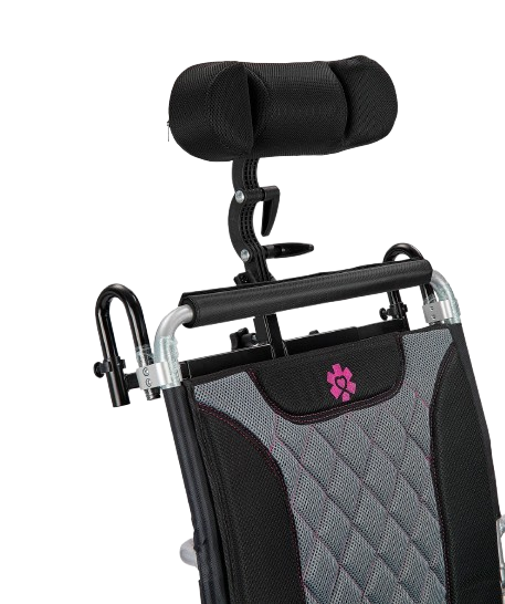 Close Up View Of The Headrest Of The Bangeran Mammoth EX Automatic Recline Electric Wheelchair Shown In Silver And Red Color