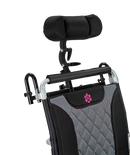 Close Up View Of The Headrest Of The Bangeran Mammoth EX Automatic Recline Electric Wheelchair Shown In Silver And Red Color