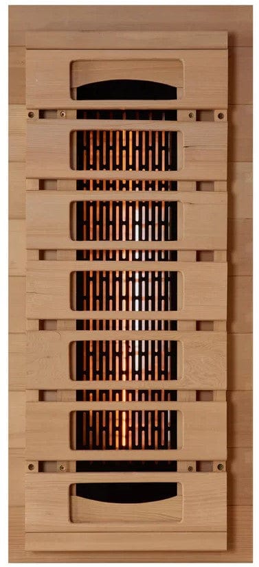 Close Up View Of The Heater For The Golden Designs Reserve Edition 3-Person Full Spectrum EMF Corner Indoor Sauna With Himalayan Salt Bar | GDI-8035-03