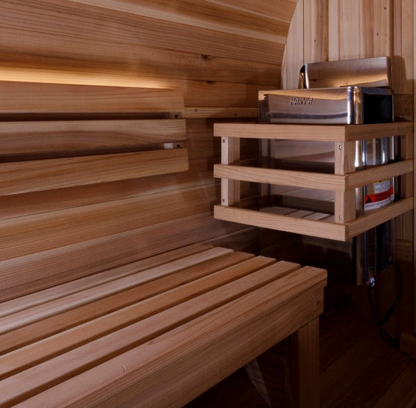 Close Up View Of The Heater Of The Golden Designs Zurich 4-Person Barrel Sauna | GDI-B024-01