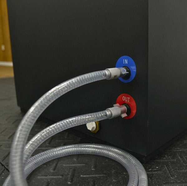 Close Up View Of The In And Out Connections For The Dynamic Cuboid Cold Plunge Tub Chiller