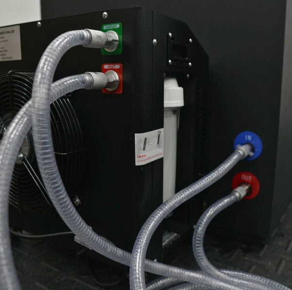 Close Up View Of The In And Out Connections Going In The Tub And Chiller For The Dynamic Cuboid Cold Plunge Tub