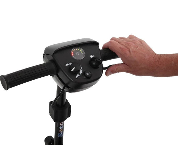 Close  Up View Of The Journey Adventure Mobility Scooter Tiller With Hand Holding A Lever
