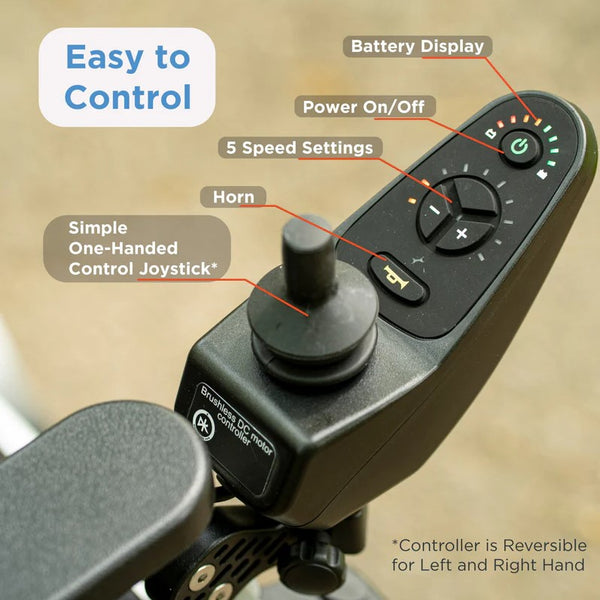 Close Up View Of The Journey Zoomer Electric Wheelchair's Joystick Highlighting Its Features