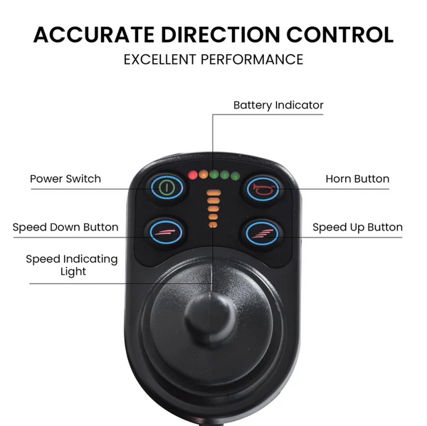 Close Up View Of The Joystick Control For The Metro Mobility iTravel Lite Lightweight Electric Wheelchair