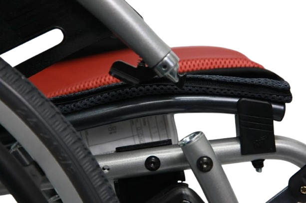 Close Up View Of The Karman S-Ergo 125 Wheelchair Shown With Red Cushions And Silver Frame