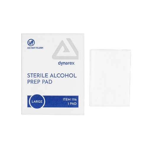 Close Up View Of The Large Packet Size For The Dynarex Sterile Alcohol Prep Pads Shown With The Pad Removed