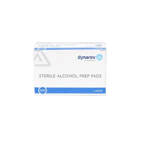 Close Up View Of The Large Size Box Of The Dynarex Sterile Alcohol Prep Pads