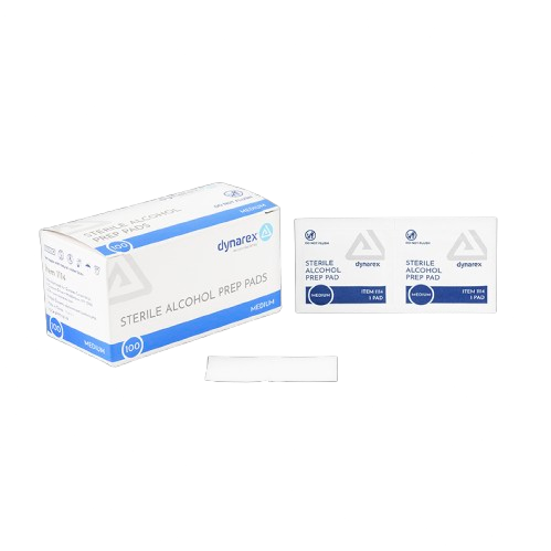 Close Up View Of The Large Sized Box With Two Individual Packets Of The Dynarex Sterile Alcohol Prep Pads Shown With One Pad In Front