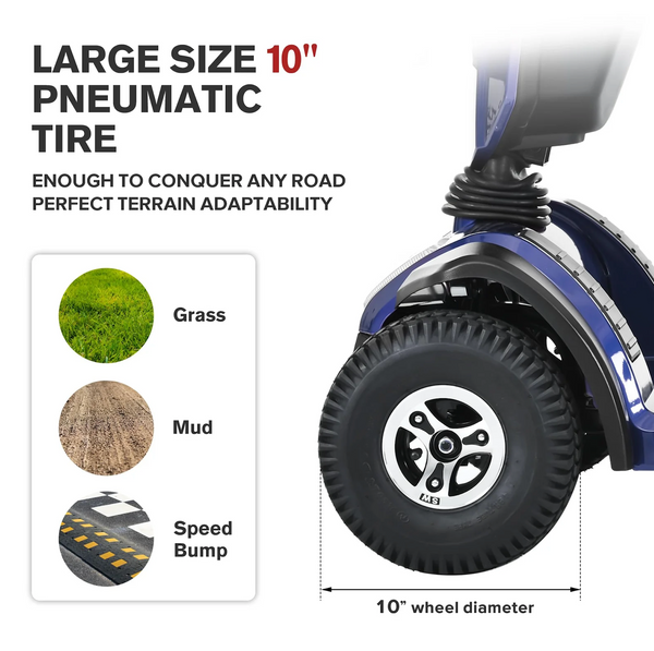 Close Up View Of The Left Side Wheel Of The Metro Mobility S500 4-Wheel Mobility Scooter Shown In Blue Color Highlighting Its Multiple Terrain Adaptability