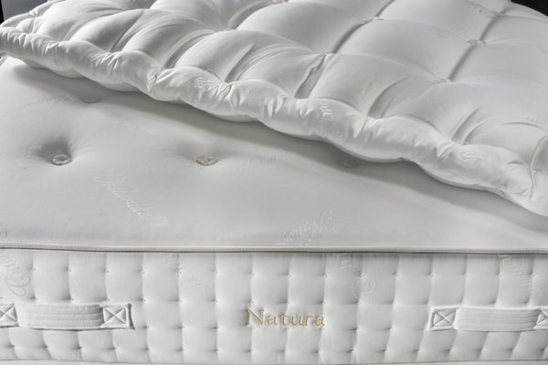 Close Up View Of The Mattress Topper For The Eurolux Natur: The 6-Layer Luxury Mattress Crafted By Masters With The Natura Text Seen On The Side Of The Mattress
