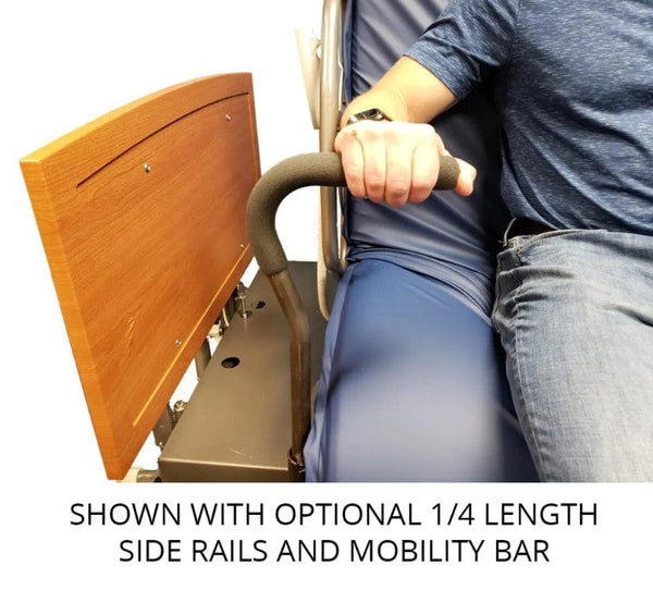 Close Up View Of The Med Mizer Active Care Rotating Bed Shown With Optional 1/4 Side Rails And Mobility Bar