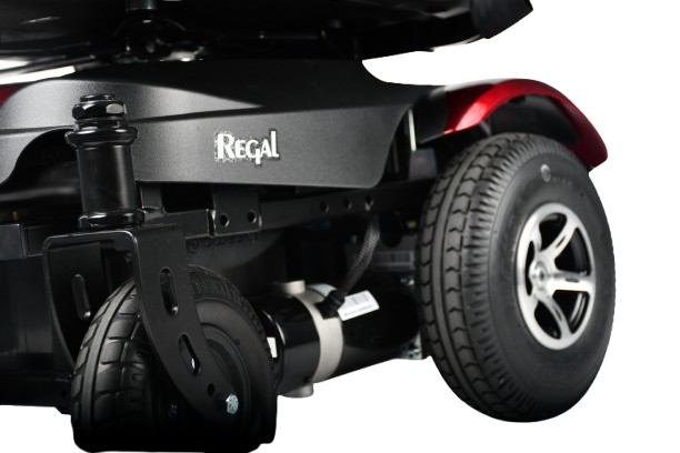 Close Up View Of The Merits Regal Power Chair Wheels And Logo
