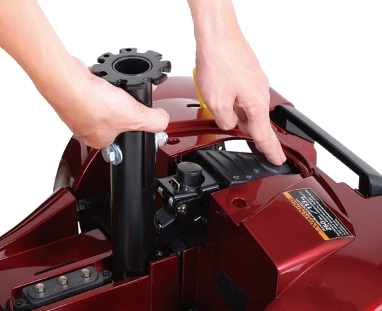 Close Up View Of The Merits Roadster S3 Mobility Scooter In Red Color Adjusting The Seat Pole