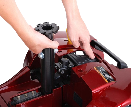 Close Up View Of The Merits Roadster S4 Mobility Scooter In Red Color Adjusting The Seat Pole