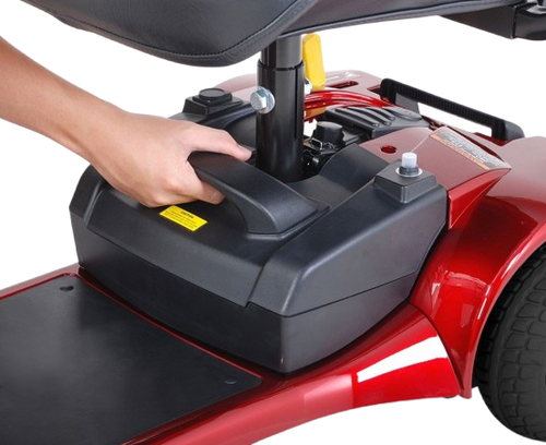 Close Up View Of The Merits Roadster S4 Mobility Scooter In Red Color Battery Housing