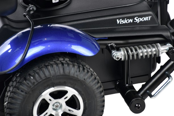 Close-Up View Of The Merits Vision Sport Power Chair In Blue Color With 'Vision Sport' Branding On The Frame. 