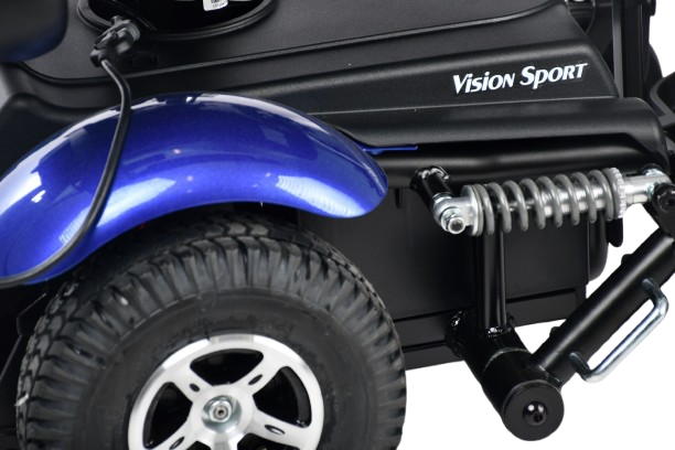 Close-Up View Of The Merits Vision Sport Power Chair In Blue Color With 'Vision Sport' Branding On The Frame. 