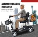 Close Up View Of The Metro Mobility M1 Mobility Scooter Moving Down A Hill With Text Automatic Braking Mechanism