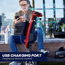 Close Up View Of The Metro Mobility Patriot  4 Wheel Mobility Scooter In Red Frame With A Man Charging His Phone With The USB Attachment Capability