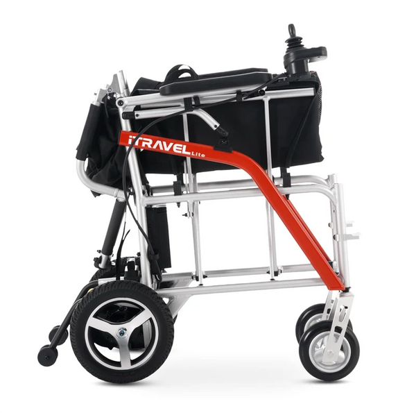 Close Up View Of The Metro Mobility iTravel Lite Lightweight Electric Wheelchair In The Folded Position Shown In The Silver Color