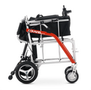Close Up View Of The Metro Mobility iTravel Lite Lightweight Electric Wheelchair In The Folded Position Shown In The Silver Color