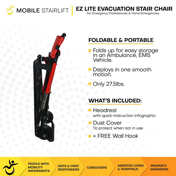 Close Up View Of The Mobile Stairlift EZ LITE Evacuation Stair Chair Shown In The Folded Position With Text Foldable And Portable And Whats Included