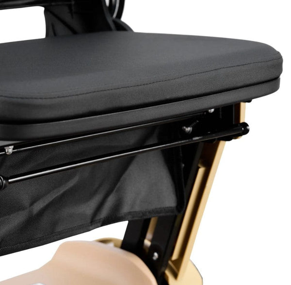 Close Up View Of The Padded Seat For The Reyhee Flex Electric Folding Mobility Scooter With The Tan Frame Color