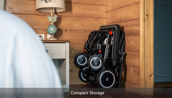 Close Up View Of The Paiseec Q3 Lightweight Electric Wheelchair In The Folded Position With Compact Storage Text