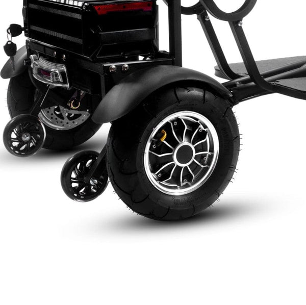 Close Up View Of The Rear Right Wheel Of The MotoTec Folding Mobility Dual Motor Electric Trike
