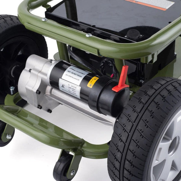 Close Up View Of The Rear Side Of The Reyhee EXO Electric Mobility Scooter Shown With The Green Frame