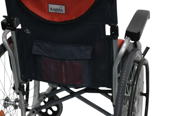 Close Up View Of Rear Storage Of The Karman S-Ergo 125 Wheelchair Shown With Red Cushions