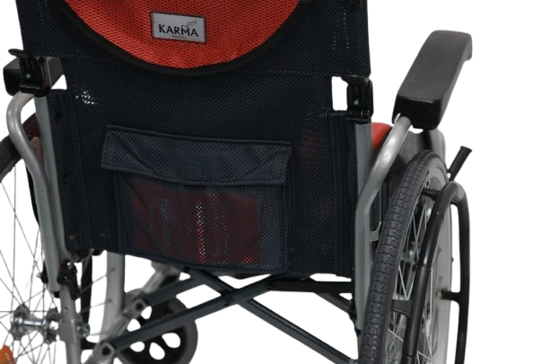 Close Up View Of Rear Storage Of The Karman S-Ergo 125 Wheelchair Shown With Red Cushions