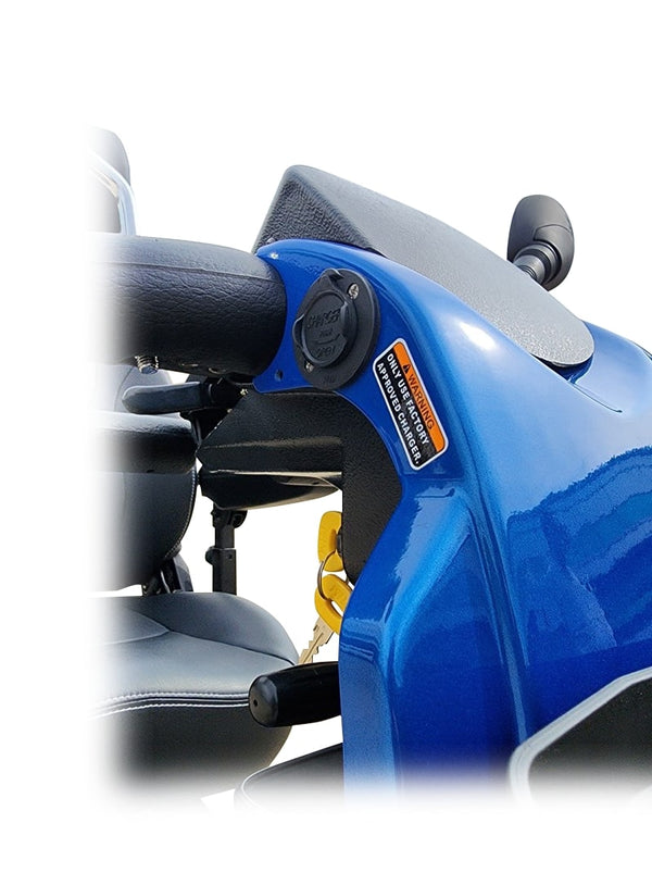 Close Up View Of The Recharging Port Located On The Tiller For The Shoprider Explorer Deluxe 4-Wheel Mobility Scooter