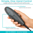 Close Up View Of The Remote Control For The Vive Health Lounge Lift Chair With Text Simple One-Hand Control